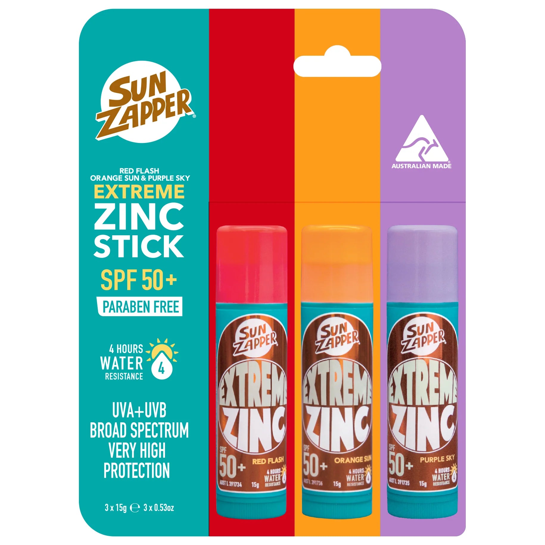 Extreme Zinc Stick 3-Pack SPF 50+ – Red, Orange & Purple (15g Performance)