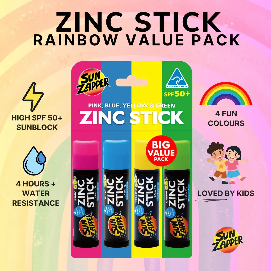 Rainbow pack 4 sticks zinc SPF 50+ Rose, bleu, jaune, vert